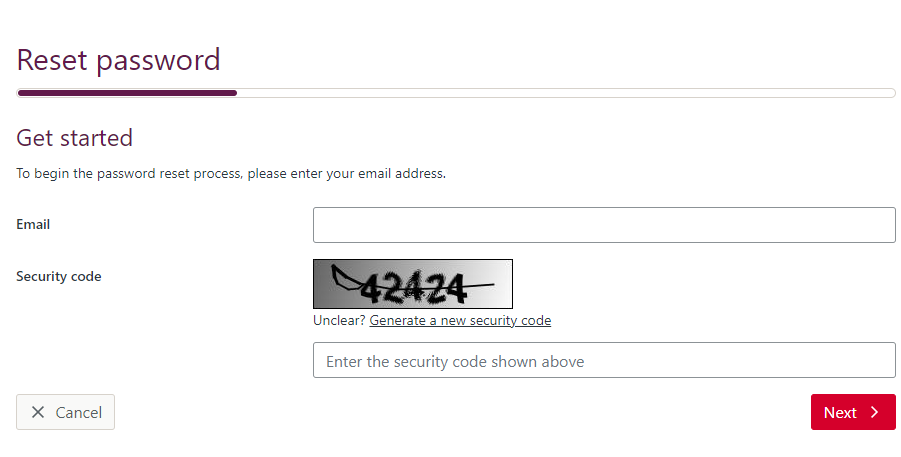 The reset password page, asking the user to enter their email address and a security code.